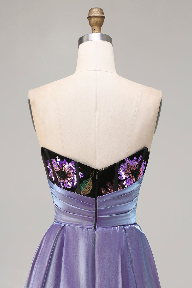 Laden Sie das Bild in den Galerie-Viewer, Schwarzes Trägerloses Pailletten Meerjungfrau Korsett Langes Ballkleid mit Schlitz