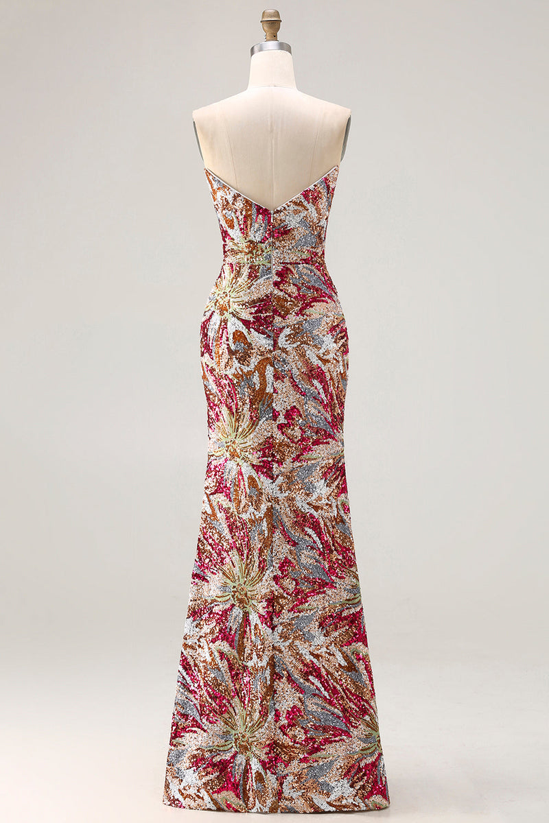 Laden Sie das Bild in den Galerie-Viewer, Glitzerndes Fuchsia Meerjungfrauen Herzausschnitt Pailletten Blumen Langes Ballkleid mit Schlitz