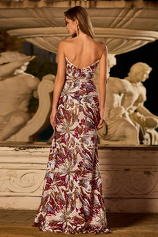 Fuchsia Meerjungfrau Herzausschnitt Pailletten Lange Blumen Ballkleid mit Schlitz