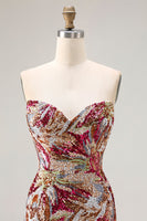 Laden Sie das Bild in den Galerie-Viewer, Glitzerndes Fuchsia Meerjungfrauen Herzausschnitt Pailletten Blumen Langes Ballkleid mit Schlitz