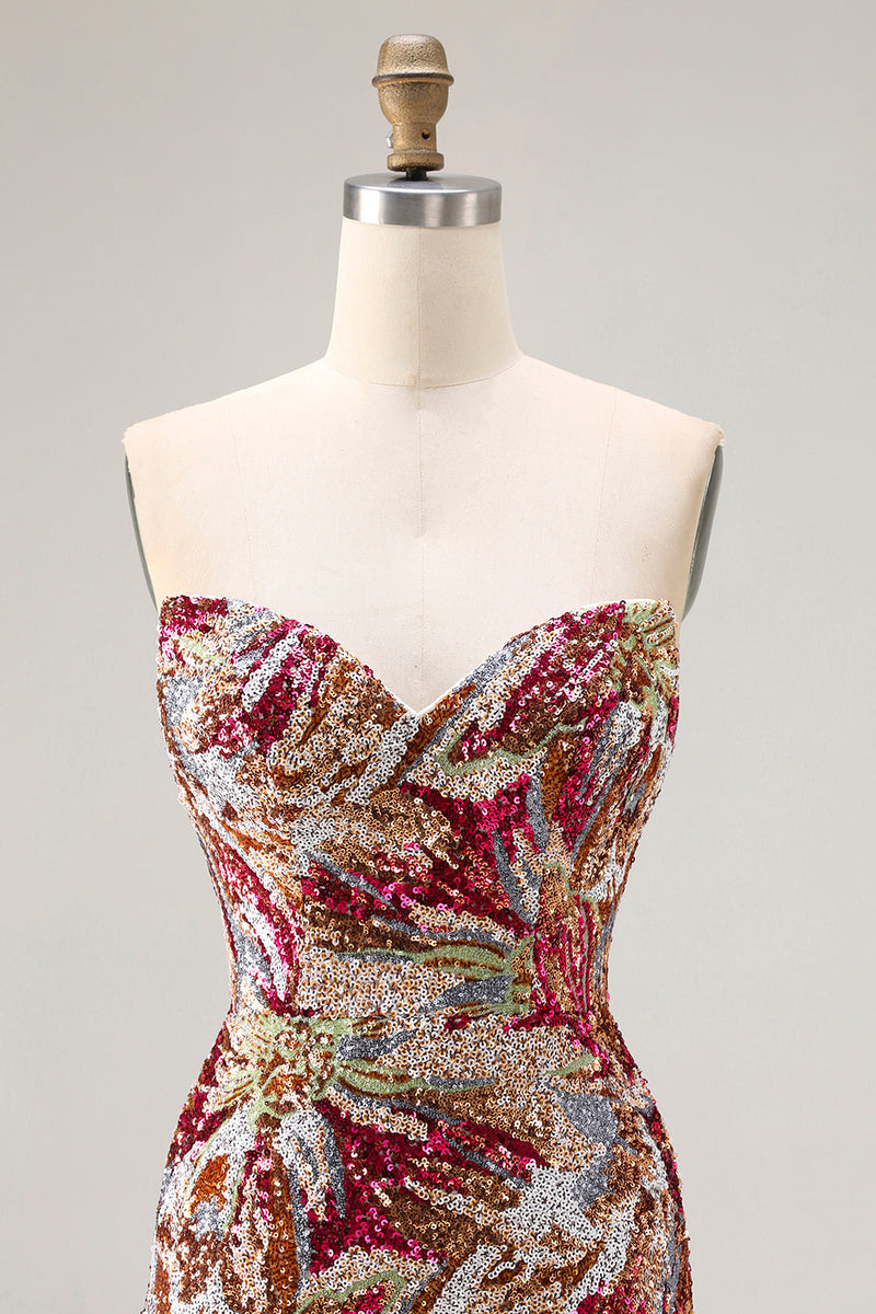 Laden Sie das Bild in den Galerie-Viewer, Glitzerndes Fuchsia Meerjungfrauen Herzausschnitt Pailletten Blumen Langes Ballkleid mit Schlitz