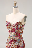 Laden Sie das Bild in den Galerie-Viewer, Glitzerndes Fuchsia Meerjungfrauen Herzausschnitt Pailletten Blumen Langes Ballkleid mit Schlitz