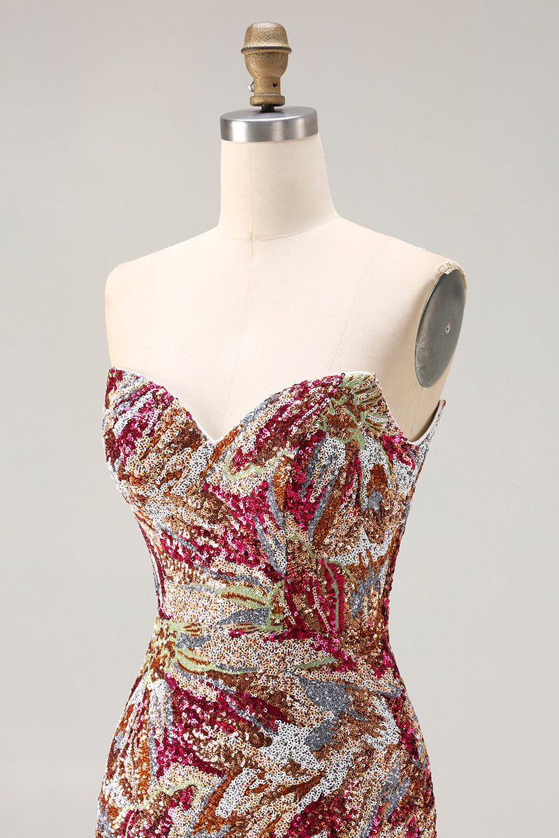 Laden Sie das Bild in den Galerie-Viewer, Glitzerndes Fuchsia Meerjungfrauen Herzausschnitt Pailletten Blumen Langes Ballkleid mit Schlitz