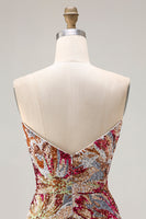 Laden Sie das Bild in den Galerie-Viewer, Glitzerndes Fuchsia Meerjungfrauen Herzausschnitt Pailletten Blumen Langes Ballkleid mit Schlitz