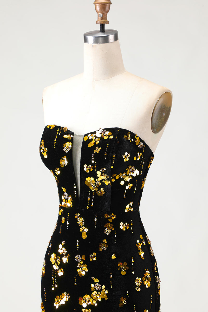 Laden Sie das Bild in den Galerie-Viewer, Schwarzes und Goldenes Meerjungfrauen Pailletten Trägerloses Korsett Samt Langes Ballkleid mit Schlitz