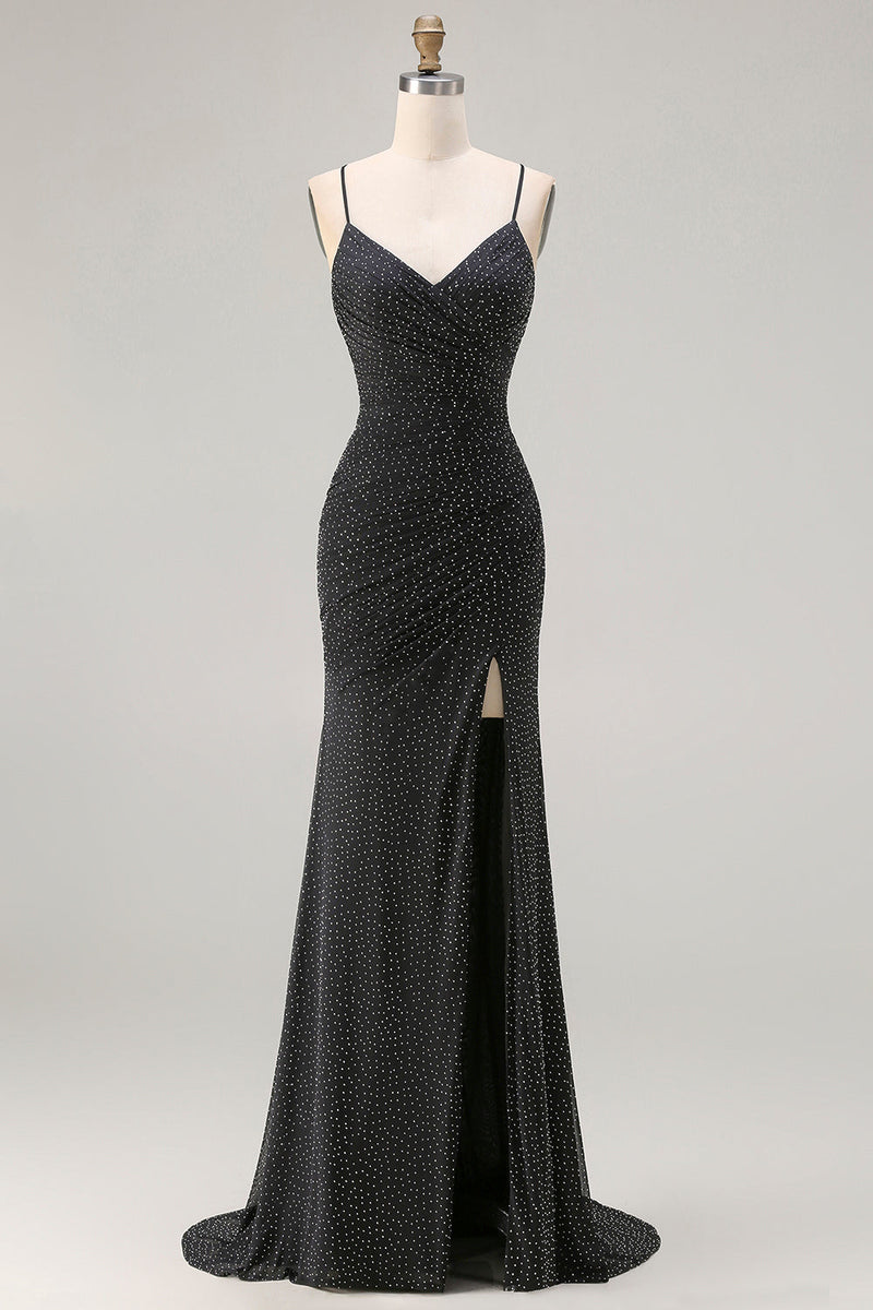 Laden Sie das Bild in den Galerie-Viewer, Glitzerndes Schwarzes Meerjungfrauen Spaghetti-Träger Langes Ballkleid mit Schlitz