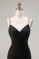 Laden Sie das Bild in den Galerie-Viewer, Glitzerndes Schwarzes Meerjungfrauen Spaghetti-Träger Langes Ballkleid mit Schlitz