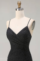 Laden Sie das Bild in den Galerie-Viewer, Glitzerndes Schwarzes Meerjungfrauen Spaghetti-Träger Langes Ballkleid mit Schlitz
