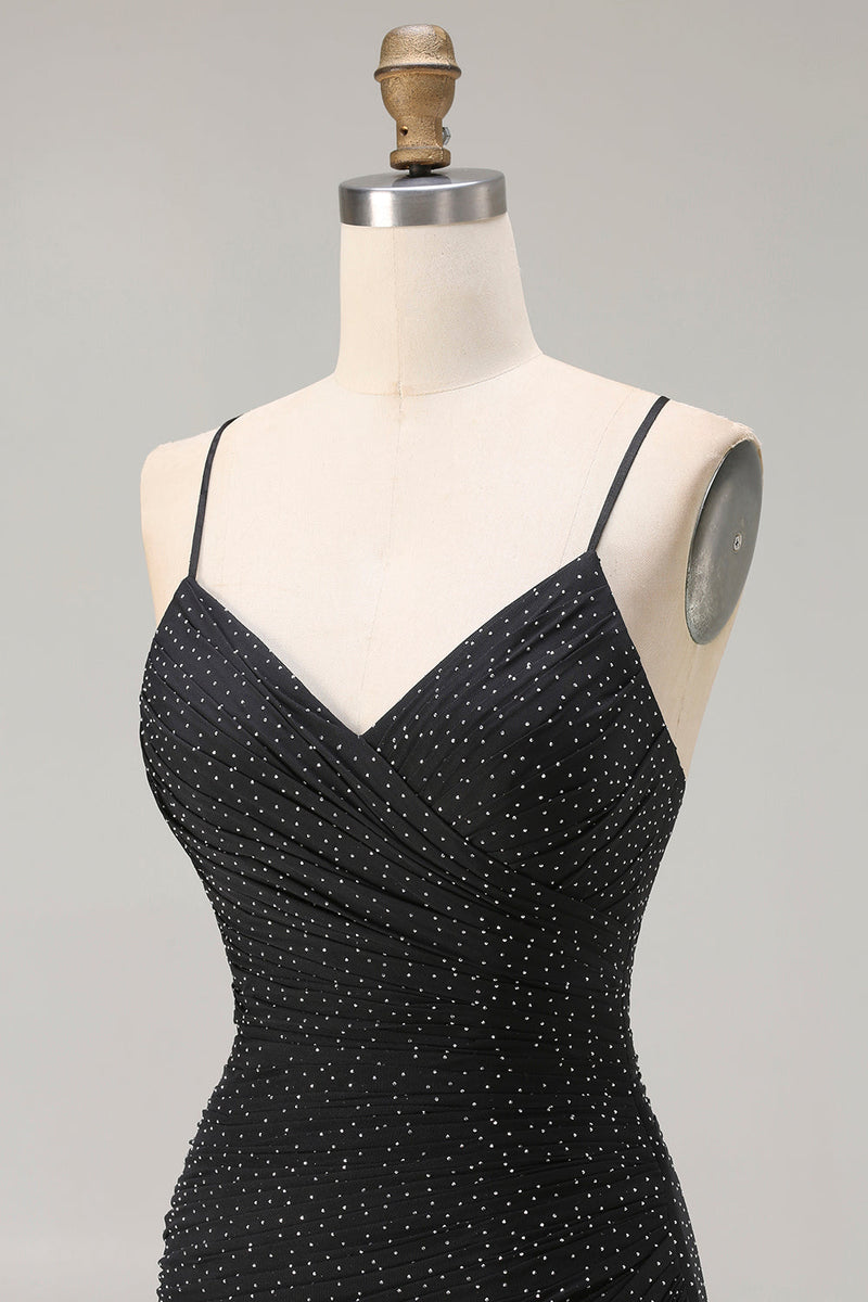 Laden Sie das Bild in den Galerie-Viewer, Glitzerndes Schwarzes Meerjungfrauen Spaghetti-Träger Langes Ballkleid mit Schlitz