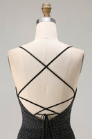 Laden Sie das Bild in den Galerie-Viewer, Glitzerndes Schwarzes Meerjungfrauen Spaghetti-Träger Langes Ballkleid mit Schlitz