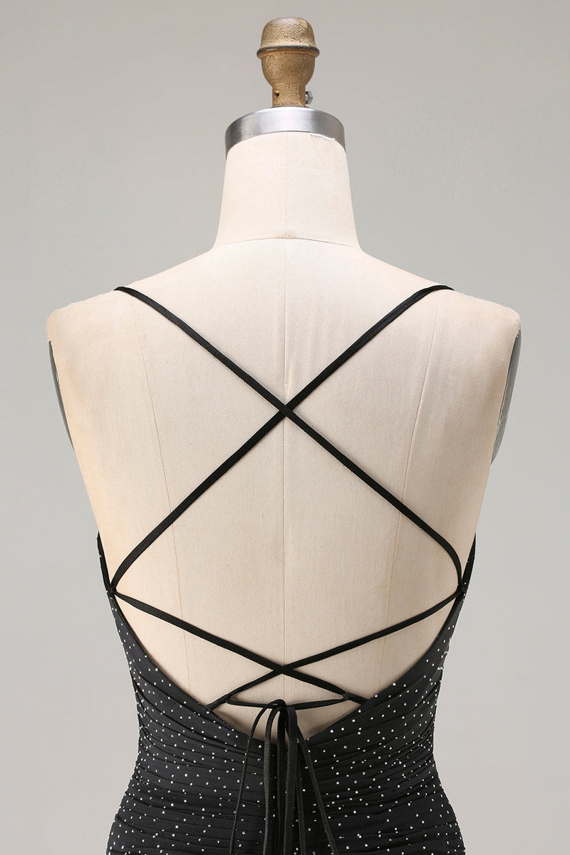 Laden Sie das Bild in den Galerie-Viewer, Glitzerndes Schwarzes Meerjungfrauen Spaghetti-Träger Langes Ballkleid mit Schlitz