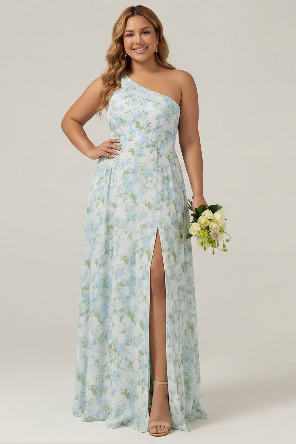 Eine Schulter Blaue Weiße Blumenmuster Scheide Langes Plus-Size Brautjungfernkleid mit Schlitz