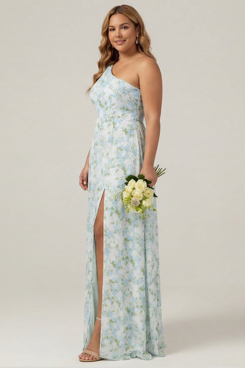 Laden Sie das Bild in den Galerie-Viewer, Eine Schulter Blaue Weiße Blumenmuster Scheide Langes Plus-Size Brautjungfernkleid mit Schlitz