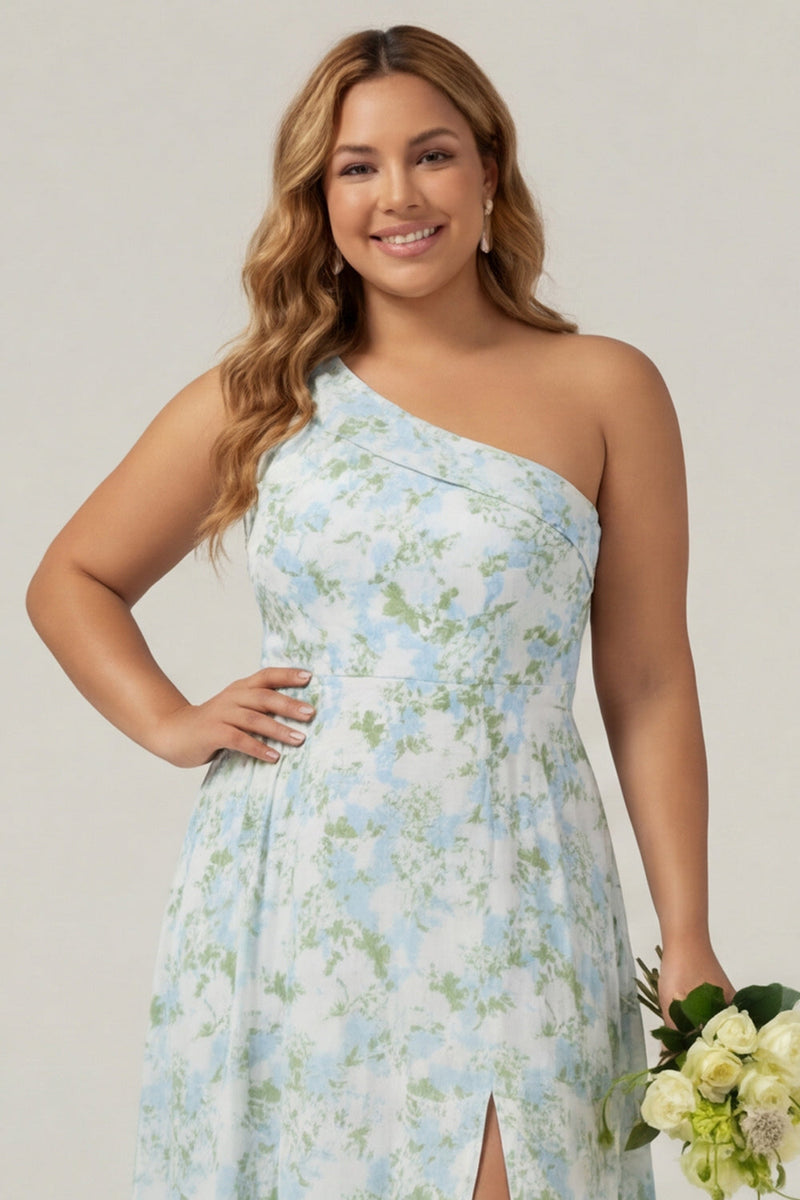 Laden Sie das Bild in den Galerie-Viewer, Eine Schulter Blaue Weiße Blumenmuster Scheide Langes Plus-Size Brautjungfernkleid mit Schlitz
