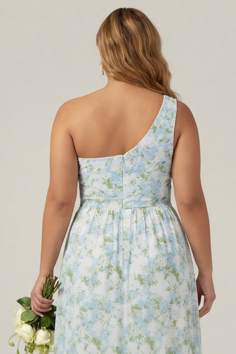 Laden Sie das Bild in den Galerie-Viewer, Eine Schulter Blaue Weiße Blumenmuster Scheide Langes Plus-Size Brautjungfernkleid mit Schlitz