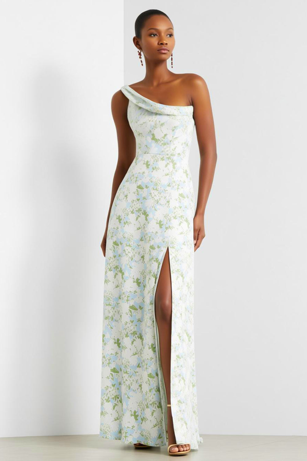 Blau-Weiß-Blumen Einschulter Scheide Langes Brautjungfernkleid mit Schlitz