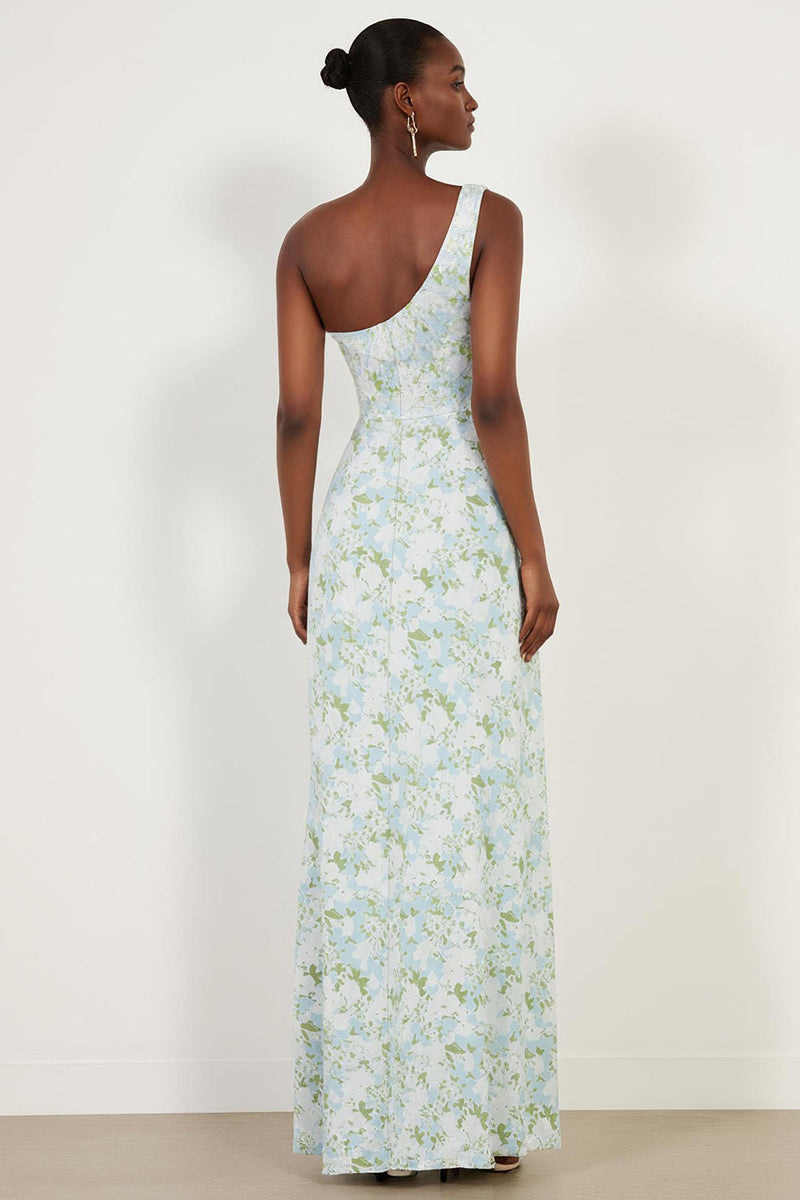 Laden Sie das Bild in den Galerie-Viewer, Blau-Weiß-Blumen Einschulter Scheide Langes Brautjungfernkleid mit Schlitz