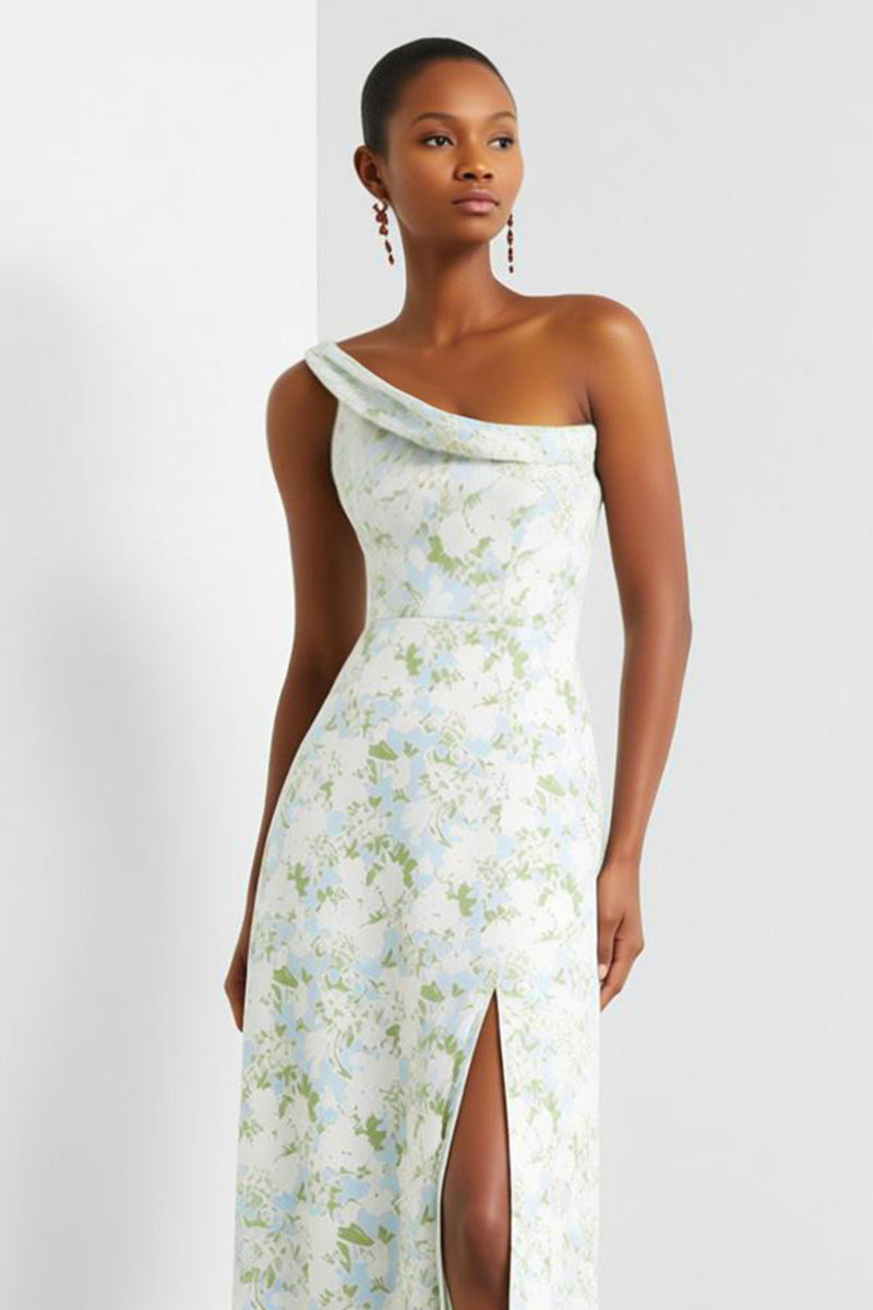 Laden Sie das Bild in den Galerie-Viewer, Blau-Weiß-Blumen Einschulter Scheide Langes Brautjungfernkleid mit Schlitz