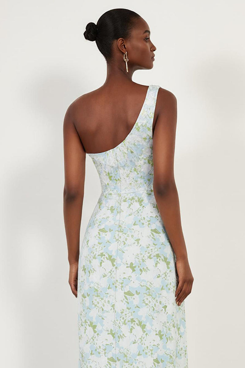 Laden Sie das Bild in den Galerie-Viewer, Blau-Weiß-Blumen Einschulter Scheide Langes Brautjungfernkleid mit Schlitz
