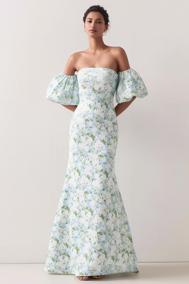 Laden Sie das Bild in den Galerie-Viewer, Blaue Weiße Blume Mermaid Trägerloses Satin Brautjungfernkleid mit abnehmbaren Ärmeln