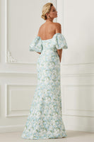 Laden Sie das Bild in den Galerie-Viewer, Blaue Weiße Blume Mermaid Trägerloses Satin Brautjungfernkleid mit abnehmbaren Ärmeln