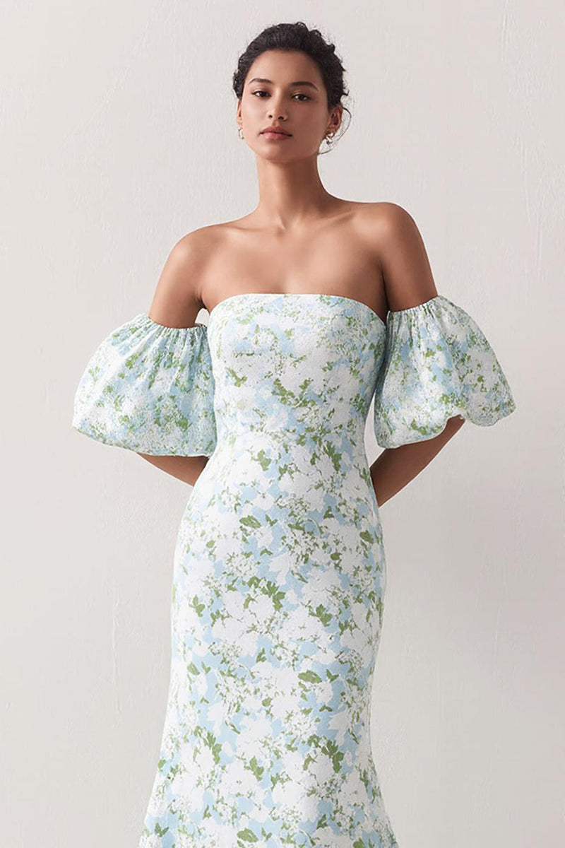Laden Sie das Bild in den Galerie-Viewer, Blaue Weiße Blume Mermaid Trägerloses Satin Brautjungfernkleid mit abnehmbaren Ärmeln