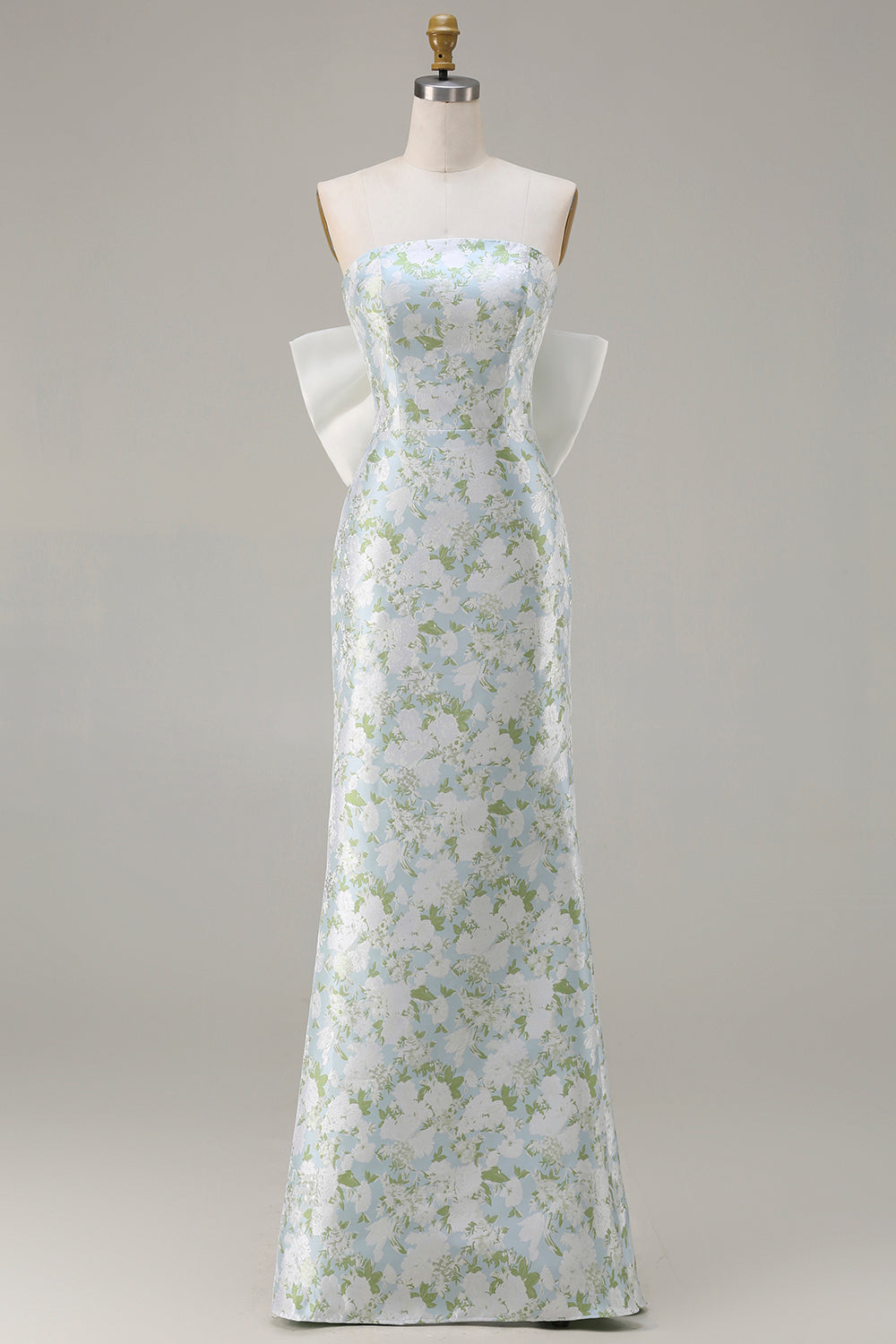 Blaue Weiße Blume Trägerloses Satin Langes Brautjungfernkleid mit Rückenschleife