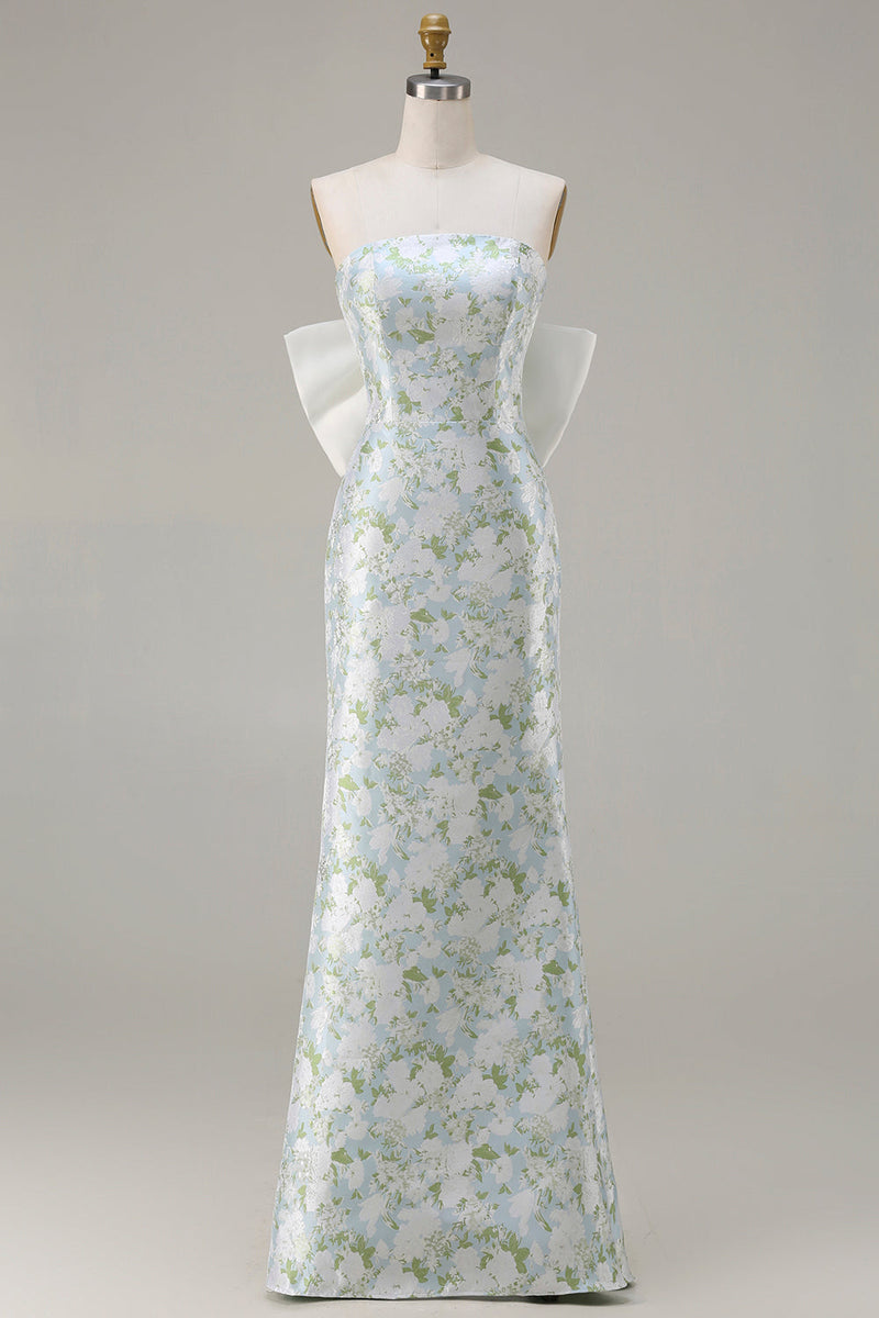 Laden Sie das Bild in den Galerie-Viewer, Blaue Weiße Blume Trägerloses Satin Langes Brautjungfernkleid mit Rückenschleife