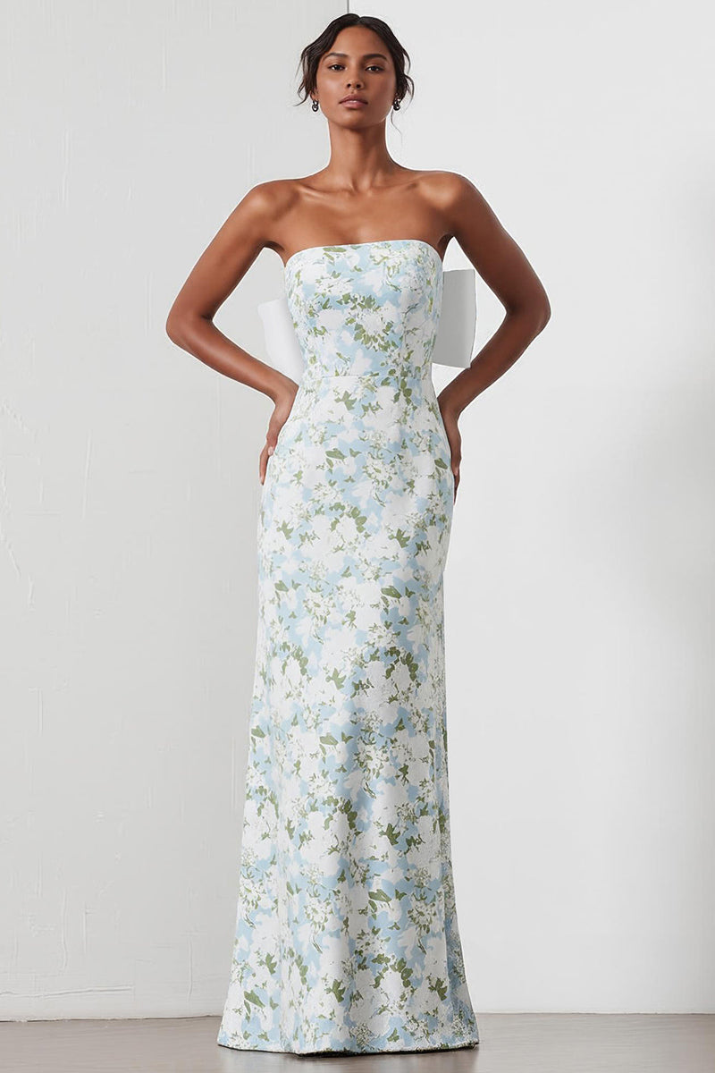 Laden Sie das Bild in den Galerie-Viewer, Trägerloses Blau-Weiß-Blumen Satin Langes Brautjungfernkleid mit Rückenschleife