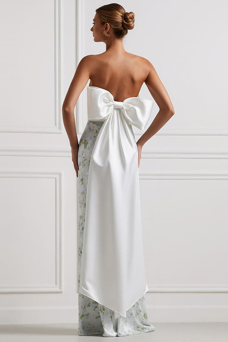 Laden Sie das Bild in den Galerie-Viewer, Trägerloses Blau-Weiß-Blumen Satin Langes Brautjungfernkleid mit Rückenschleife