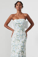 Laden Sie das Bild in den Galerie-Viewer, Trägerloses Blau-Weiß-Blumen Satin Langes Brautjungfernkleid mit Rückenschleife