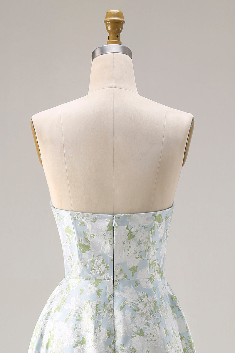 Laden Sie das Bild in den Galerie-Viewer, Blau-Weißes Geblümtes Trägerloses A-Linie Langes Satin Brautjungfernkleid mit Taschen