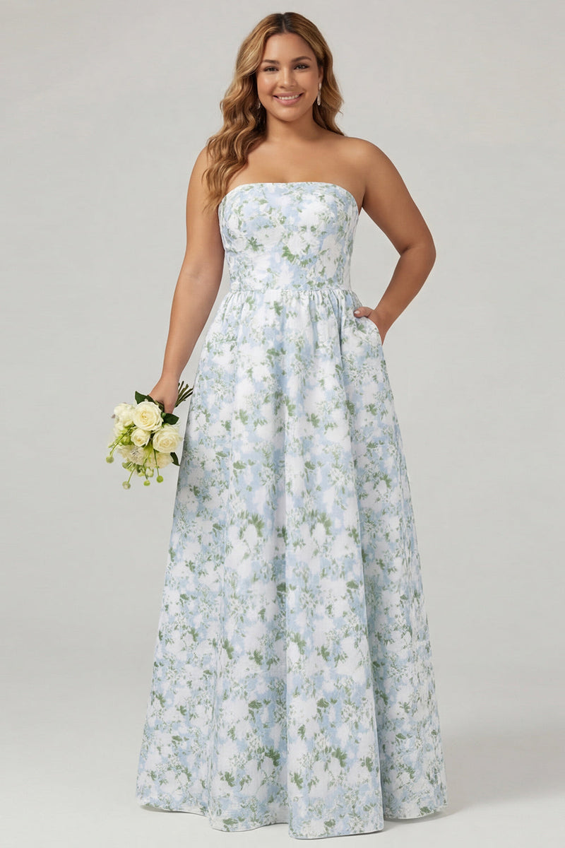 Laden Sie das Bild in den Galerie-Viewer, Trägerloses Blaues Weißes Blumenmuster A-Linie Langes Satin Plus-Size Brautjungfernkleid mit Taschen
