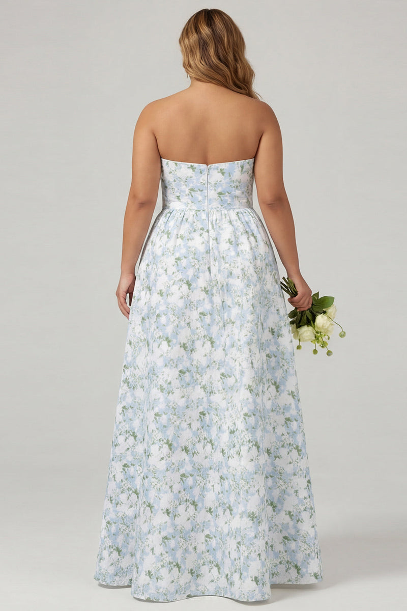 Laden Sie das Bild in den Galerie-Viewer, Trägerloses Blaues Weißes Blumenmuster A-Linie Langes Satin Plus-Size Brautjungfernkleid mit Taschen