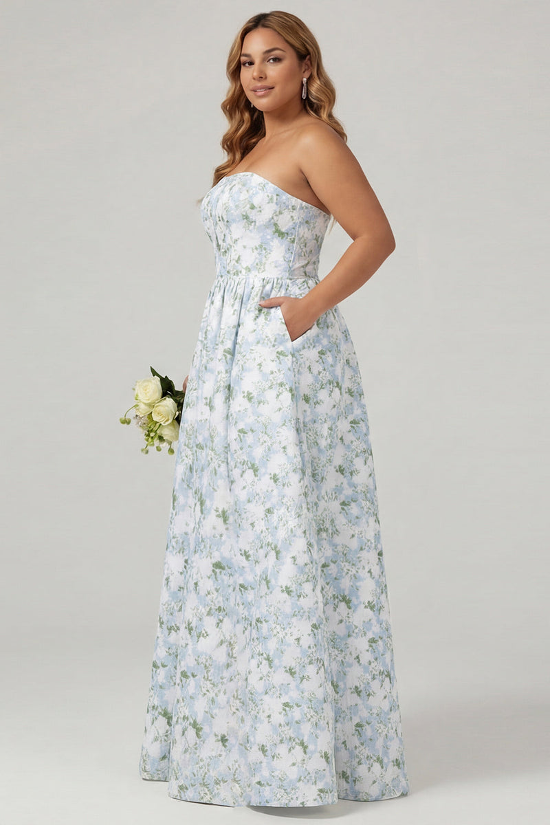 Laden Sie das Bild in den Galerie-Viewer, Trägerloses Blaues Weißes Blumenmuster A-Linie Langes Satin Plus-Size Brautjungfernkleid mit Taschen