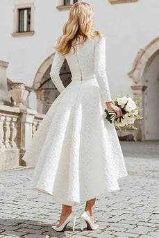 Elfenbein Jacquard U-Boot-Ausschnitt A Linie Standesamtkleid