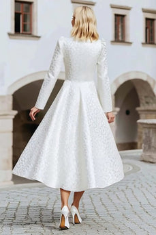 Elfenbein Jacquard-A-Linie Standesamtkleid mit Rundhalsausschnitt