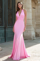 Laden Sie das Bild in den Galerie-Viewer, Dunkelgrünes Meerjungfrauen Neckholder Satin Ballkleid mit Rüschen