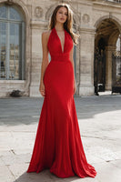 Laden Sie das Bild in den Galerie-Viewer, Dunkelgrünes Meerjungfrauen Neckholder Satin Ballkleid mit Rüschen