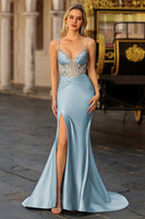 Laden Sie das Bild in den Galerie-Viewer, Staubiges Blaues Meerjungfrauen Korsett Pailletten Langes Ballkleid mit Schlitz