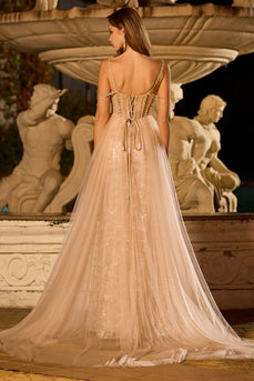 Glitzerndes Champagner Meerjungfrauen Korsett Langes Ballkleid mit Pailletten