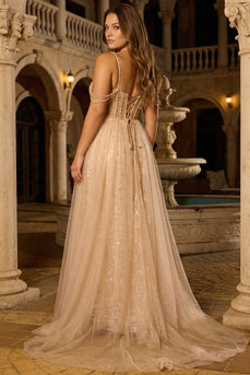 Glitzerndes Champagner Meerjungfrauen Korsett Langes Plus Size Ballkleid mit Applikationen