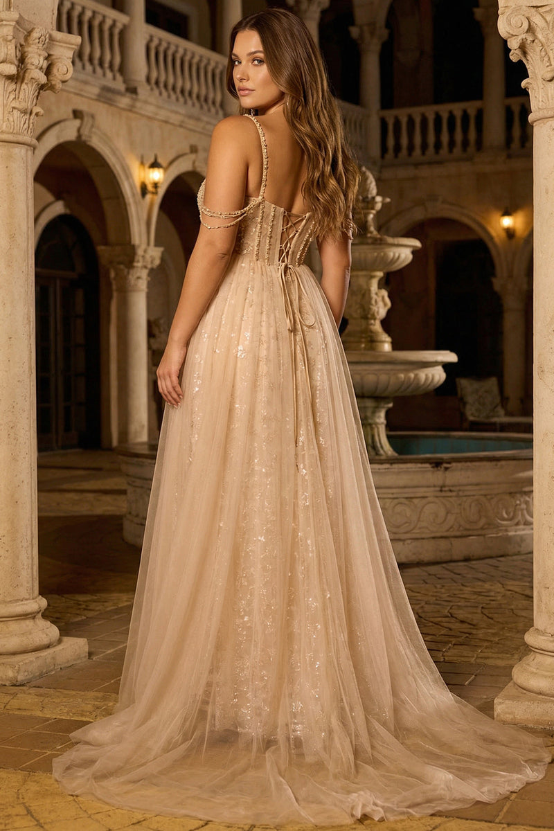 Laden Sie das Bild in den Galerie-Viewer, Glitzerndes Champagner Meerjungfrauen Korsett Langes Plus Size Ballkleid mit Applikationen