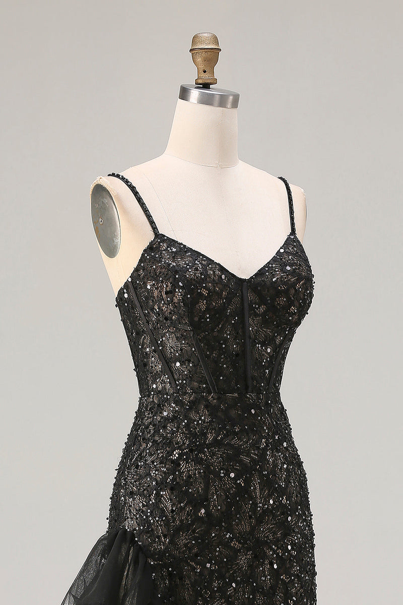 Laden Sie das Bild in den Galerie-Viewer, Glitzerndes Schwarzes Meerjungfrauen Korsett Pailletten Rüschen Langes Ballkleid mit Schlitz