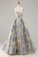 Laden Sie das Bild in den Galerie-Viewer, Staubiges Blaues Blumiges Trägerloses Korsett A-Linie Langes Ballkleid mit Schlitz