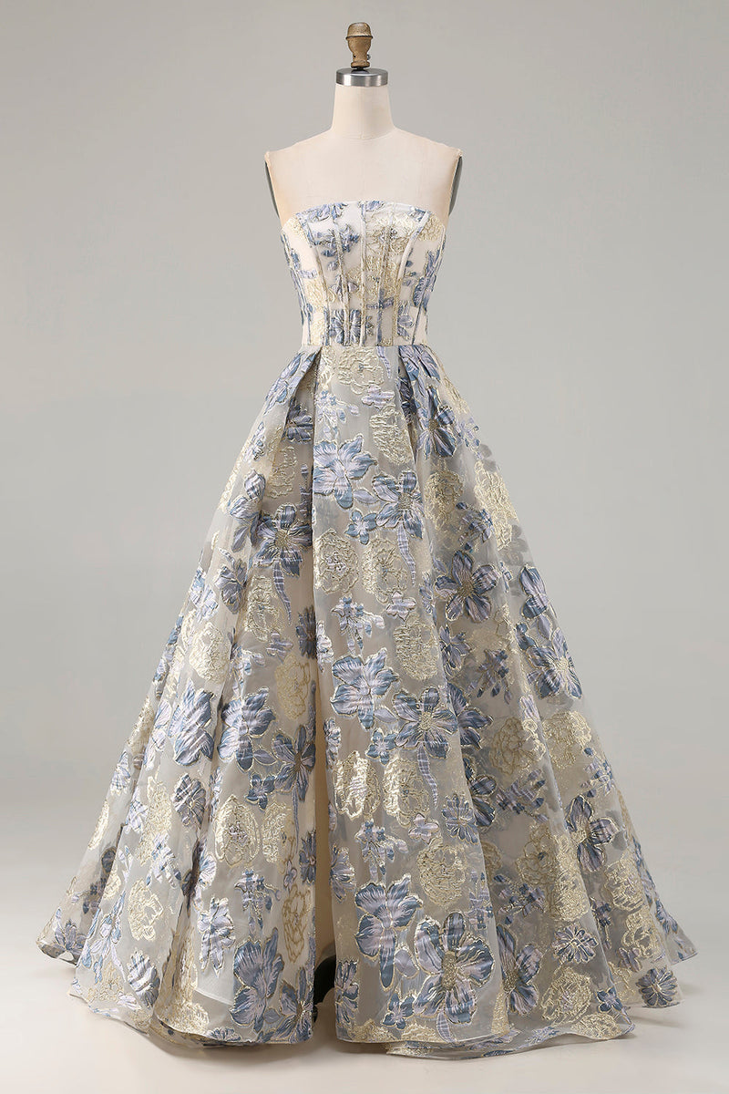 Laden Sie das Bild in den Galerie-Viewer, Staubiges Blaues Blumiges Trägerloses Korsett A-Linie Langes Ballkleid mit Schlitz