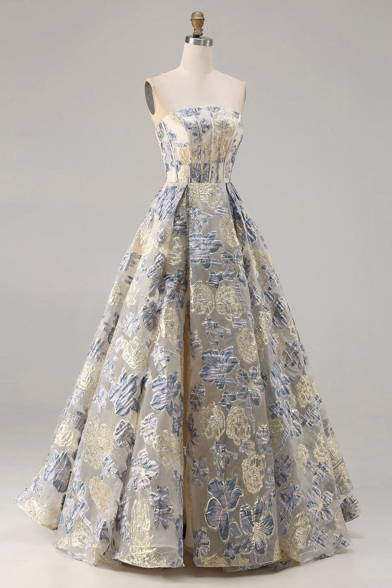 Laden Sie das Bild in den Galerie-Viewer, Staubiges Blaues Blumiges Trägerloses Korsett A-Linie Langes Ballkleid mit Schlitz