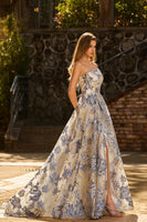 Laden Sie das Bild in den Galerie-Viewer, Trägerloses Staubiges Blaues Korsett A-Linie Geblümtes Brokat Langes Ballkleid mit Schlitz