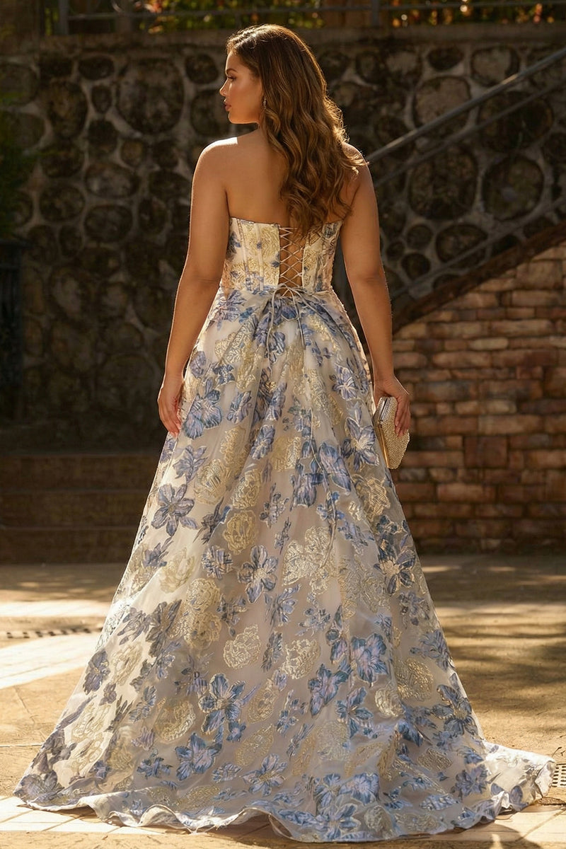 Laden Sie das Bild in den Galerie-Viewer, Staubiges Blaues Blumiges Trägerloses Korsett A-Linie Langes Ballkleid mit Schlitz