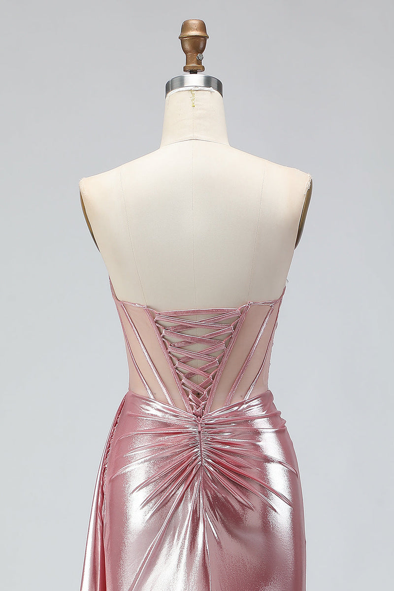 Laden Sie das Bild in den Galerie-Viewer, Metallisches Dunkelgrünes Meerjungfrauen Trägerloses Plissiertes Korsett Langes Ballkleid mit Schlitz